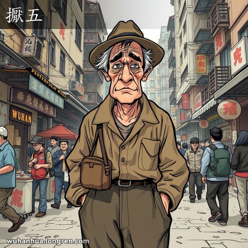 一位衣衫褴褛、穿着不合身的男子站在武汉老街上，周围是忙碌的小贩和行人。