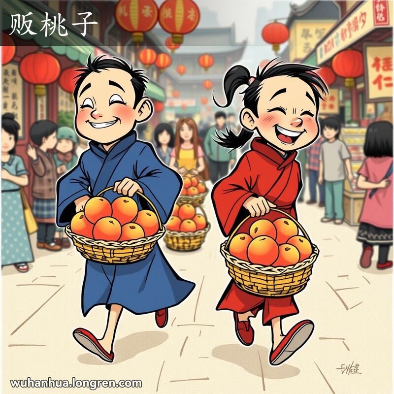 两个穿传统服装的人物手持水蜜桃篮子偷跑，背景是热闹市场