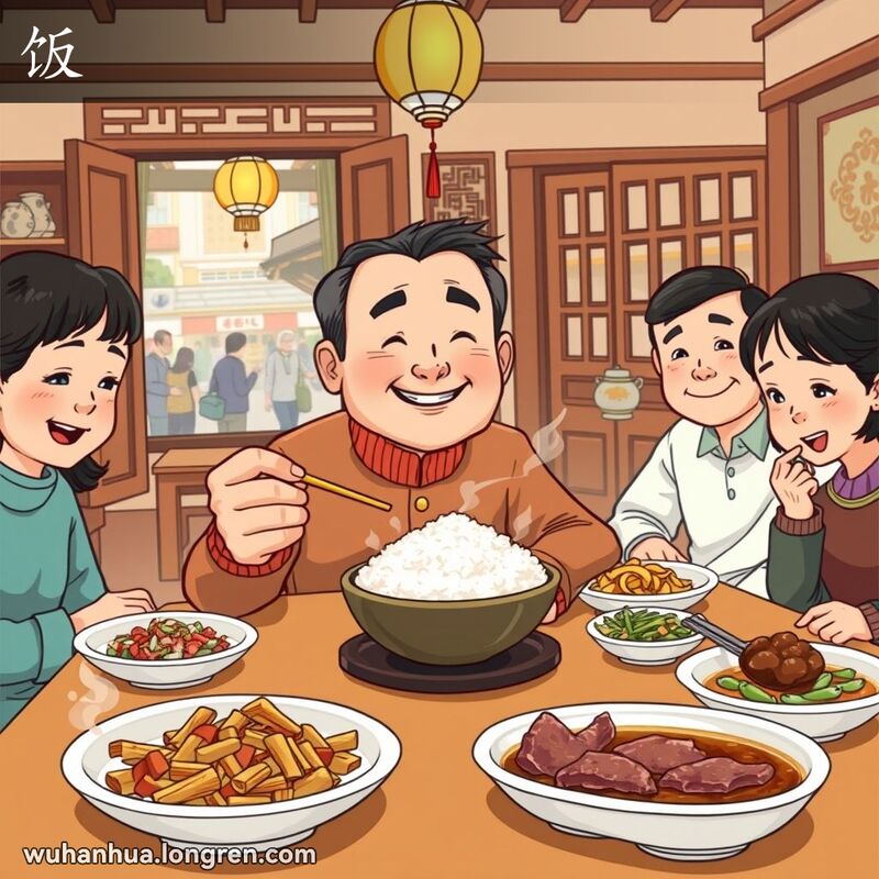 一个武汉家庭在餐桌前享用米饭，背景是温馨的家庭氛围和丰盛的菜肴