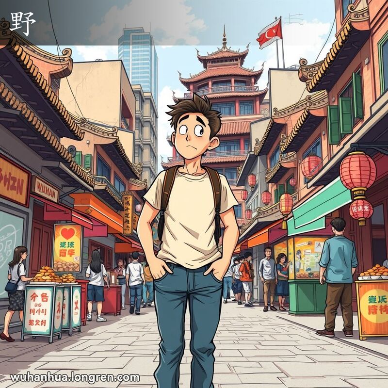 一位年轻人在武汉街头自由探索，背景是繁忙的老街景
