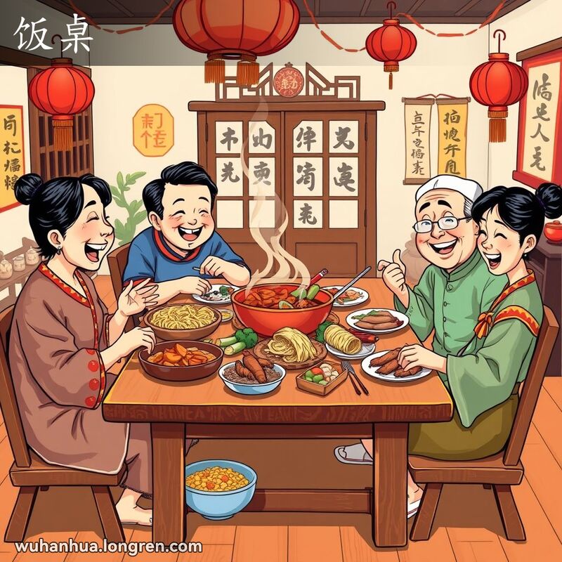 一个四口之家围坐在饭桌旁，享受丰盛的晚餐，背景是温馨的家庭环境。