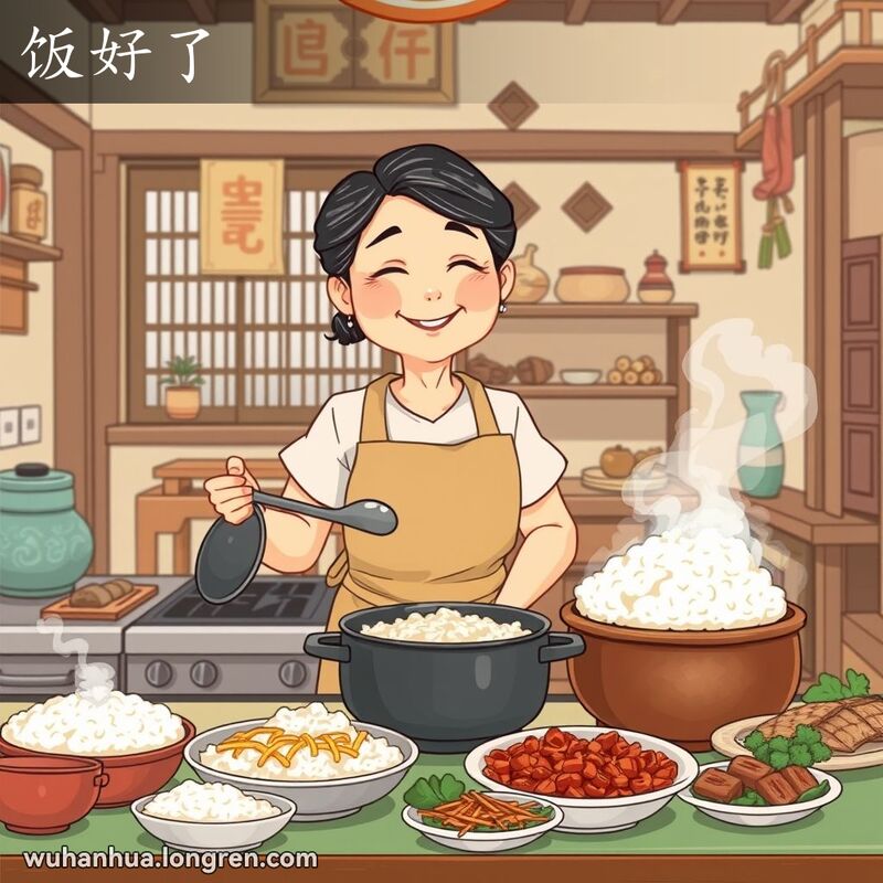 一位中年妇女在厨房里，手持大勺，面带温暖的笑容，表示饭菜已经准备好，背景是武汉家庭场景