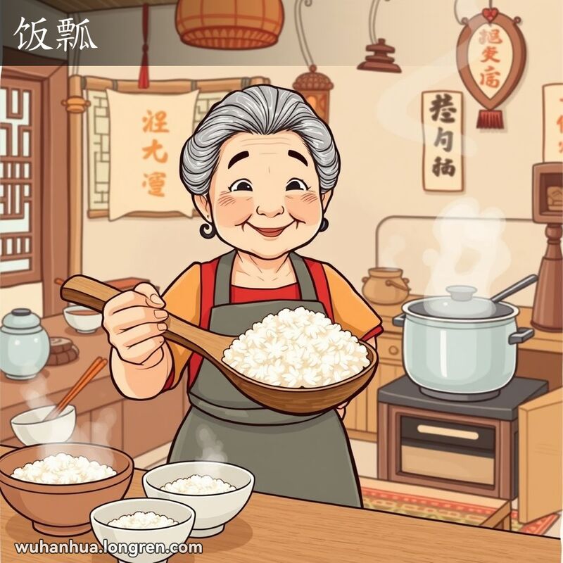 一位武汉奶奶在厨房中手持大木勺盛饭，背景是温馨的家庭餐桌场景