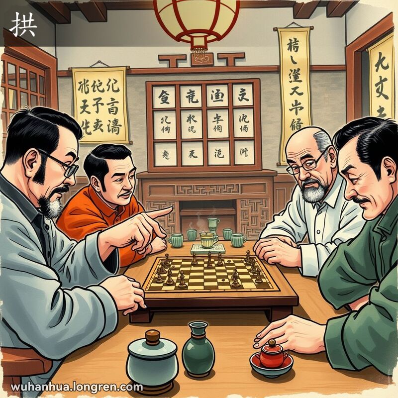 一群男子在武汉茶馆下象棋，一人移动棋子，其他人专注观看，背景有木质家具和书法挂轴
