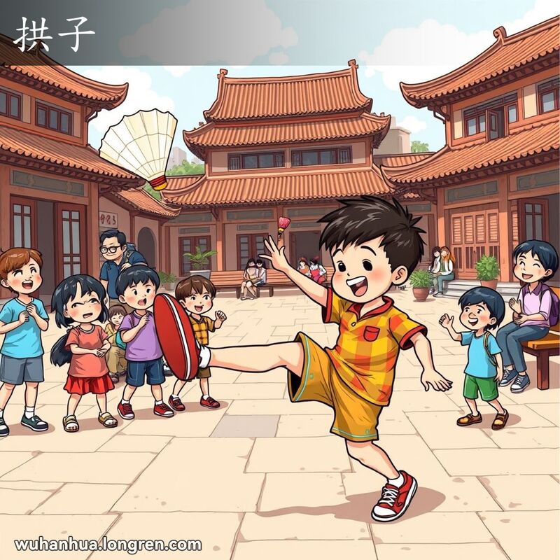 一群武汉孩子在院子里玩耍，一个男孩用膝盖踢毽子，其他孩子观看和欢呼，背景有成年人坐在长椅上聊天。