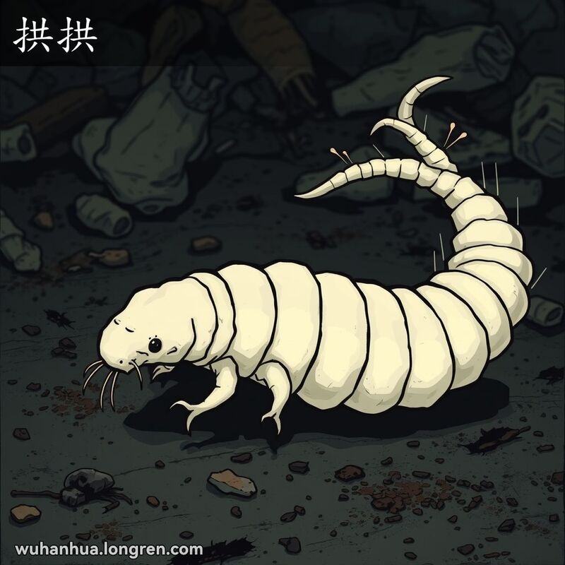 一只白色、柔软的蛆虫在昏暗的不洁净环境中不停蠕动