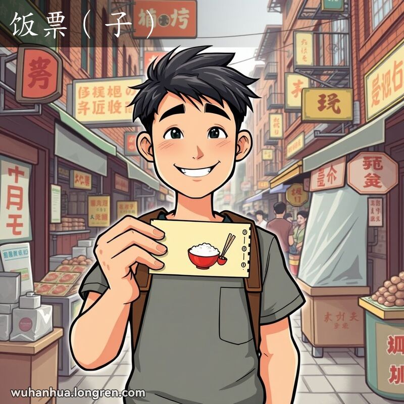 一位年轻男子站在武汉街头市场，手持饭票，脸上带着自豪和如释重负的笑容，背景是武汉老街的繁忙市场。