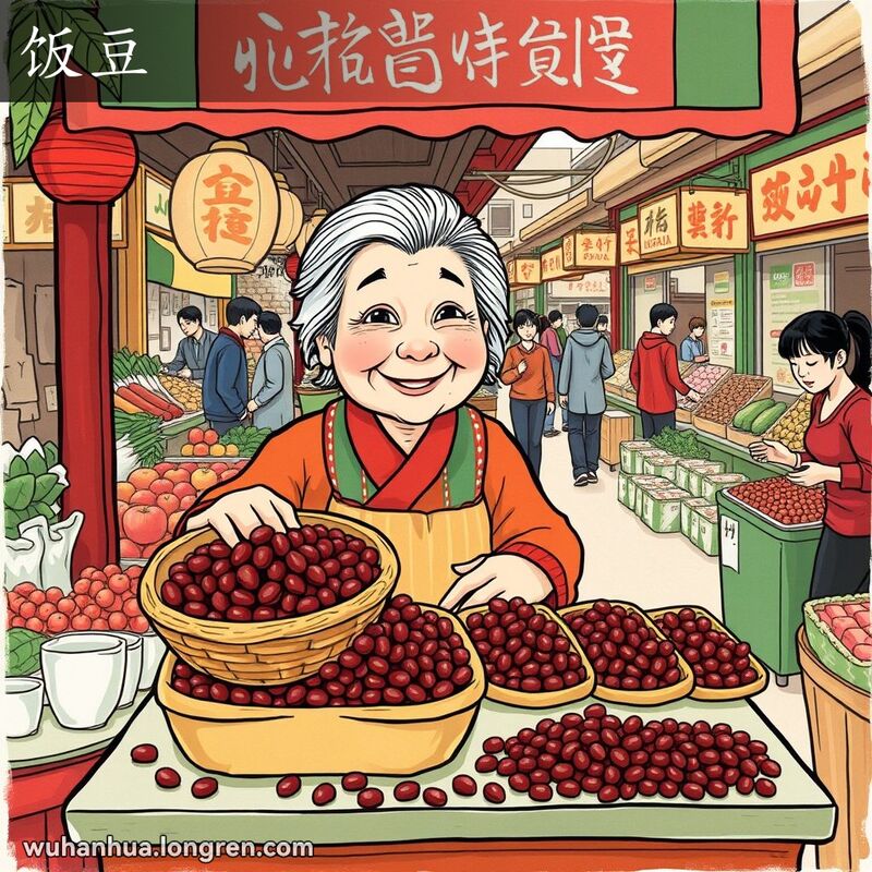 武汉街市摊位售卖红豆，老妇人手持一篮红豆，背景有其他摊位和行人