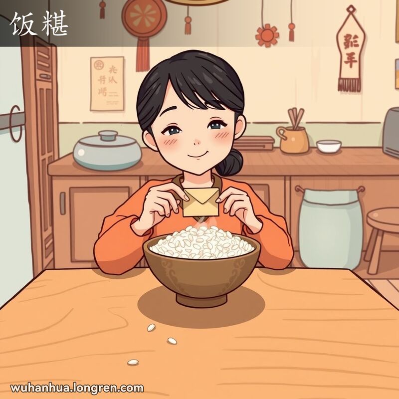 一位女士在厨房桌旁用米饭粘信封，桌上有一碗热米饭，背景是温馨的厨房场景