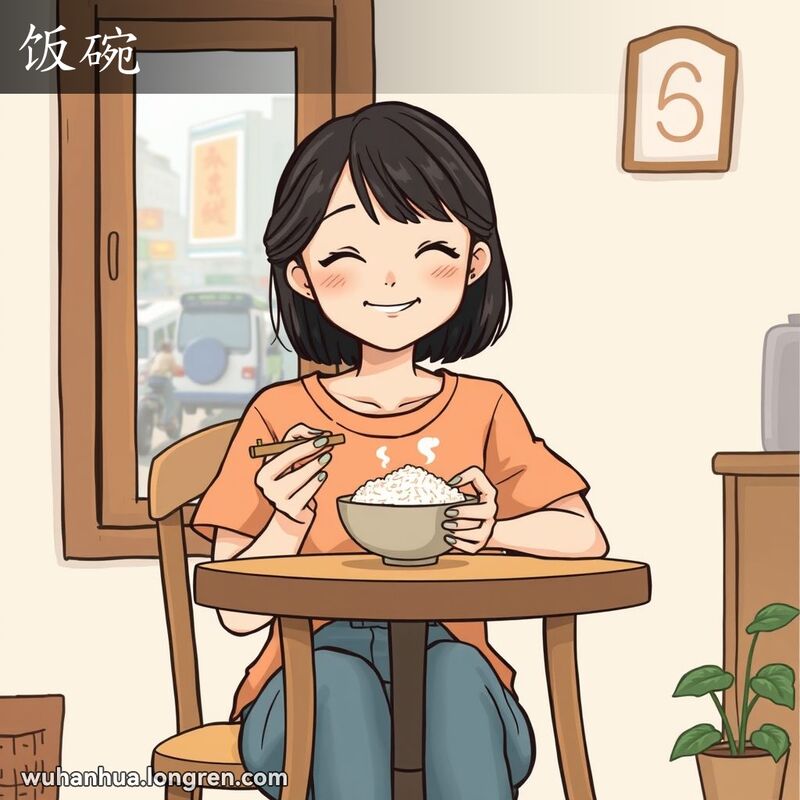 一位年轻的武汉女子坐在厨房桌旁，手捧一碗热气腾腾的米饭，脸上露出满足的微笑，背景是繁忙的武汉街景