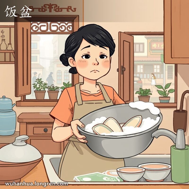 一位中年妇女在厨房中手持不锈钢盆子洗碗，背景有传统中国图案的木柜和窗外的街景