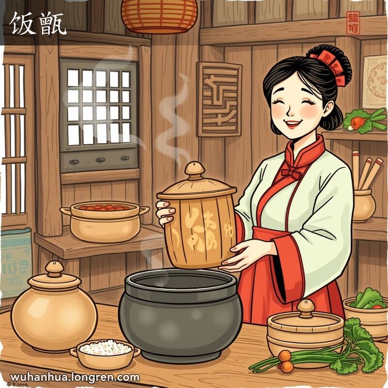一位穿着传统服装的妇女在老厨房中手持饭甑，背景有木桌和其他烹饪工具