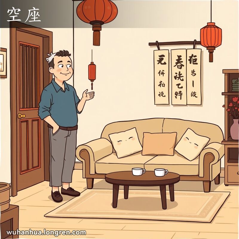 一位武汉市民在家中送客，手指向沙发，表示“你空座了一下！”，背景是传统的武汉家庭客厅