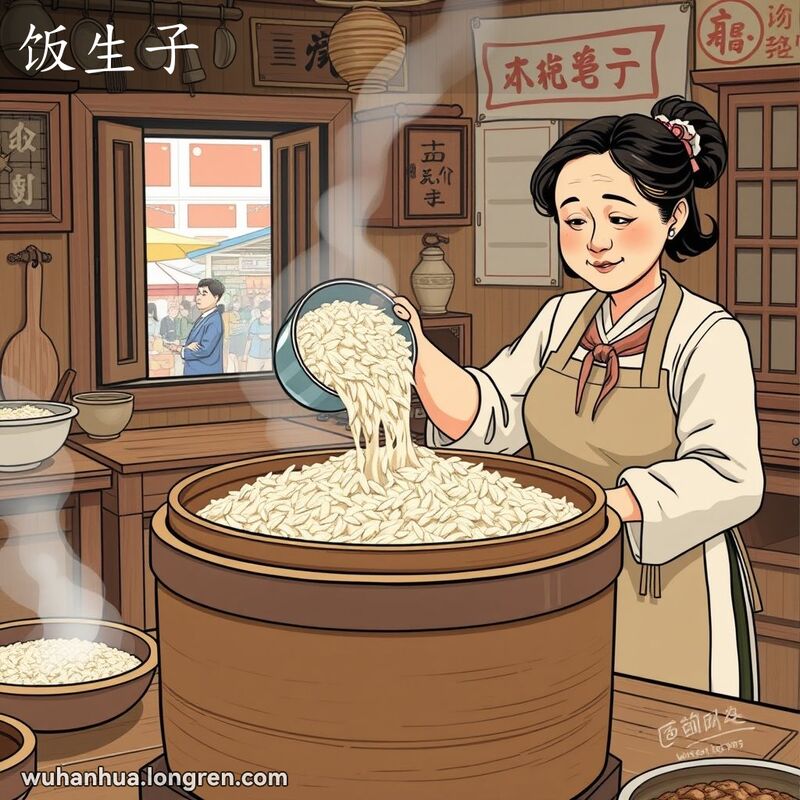 一位中年妇女在武汉厨房中将半熟的米饭倒入蒸笼，背景有传统厨房元素和街市景象
