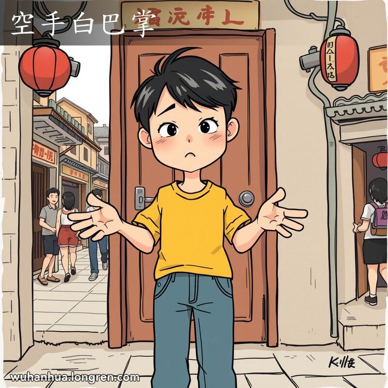 一个人站在门前，双手空空，脸上带着尴尬和抱歉的表情，背景是武汉老街景
