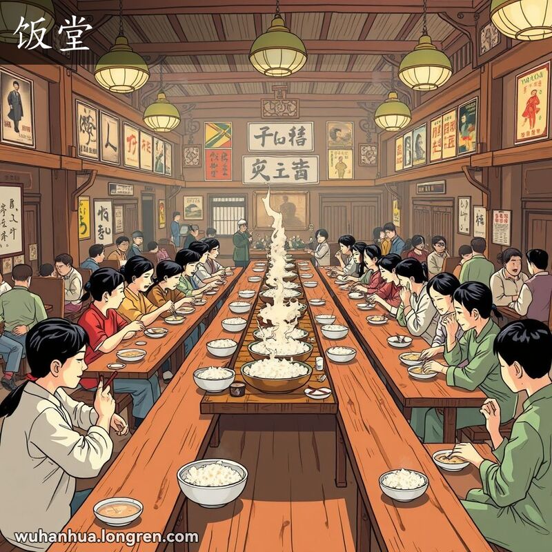 一个充满怀旧气息的武汉老式饭堂，人们在长桌旁共同用餐，墙上挂着复古海报和老照片。