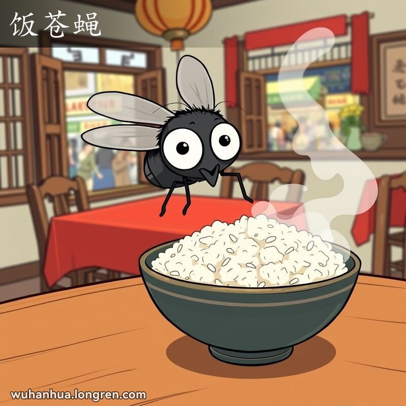 一只小小的灰黑色家蝇在一碗冒着热气的米饭上方盘旋，背景是武汉风格的餐厅