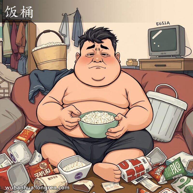 一位胖乎乎的男子坐在凌乱的客厅沙发上，手拿米饭，表情漠然，象征无用的米桶在一旁