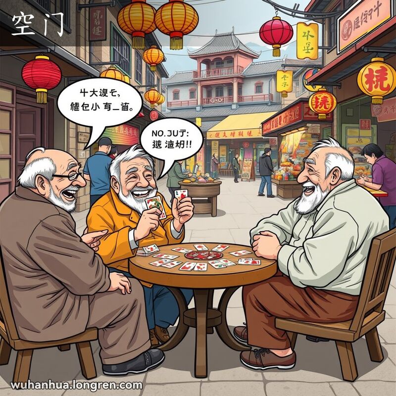 几位老人在武汉街头玩牌，桌上没有赌注，老人们笑容满面，享受游戏乐趣，背景是热闹的街景。