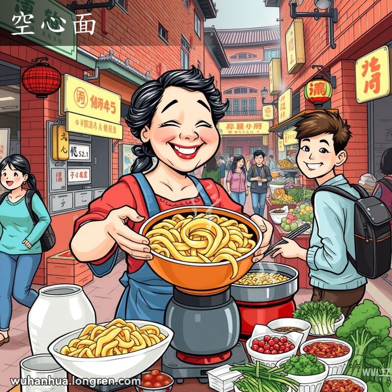 武汉街头市场，女摊贩微笑着端着一碗热气腾腾的空心面，背景是热闹的市场场景