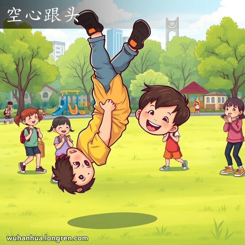 一个小男孩在武汉公园里表演空心跟头，背景是绿色草坪和欢呼的孩子们