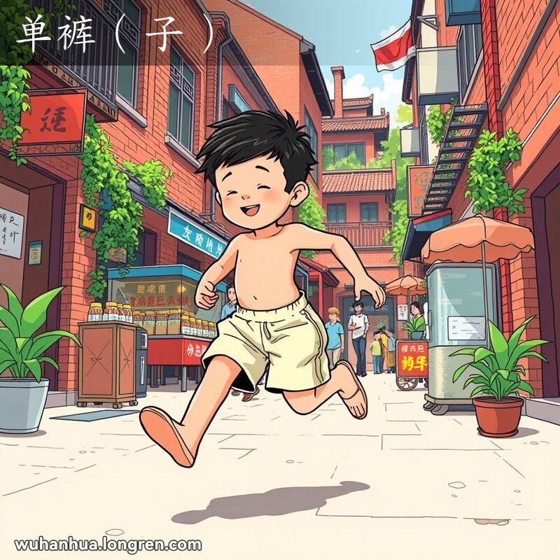 一个穿着单裤的小男孩在武汉巷子里玩耍，背景是传统建筑和小摊贩