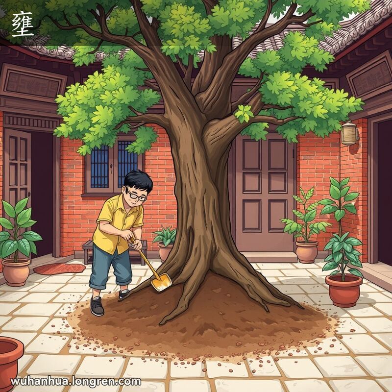 一位武汉市民在庭院中用土壤和肥料堆培树根，背景是武汉老街景