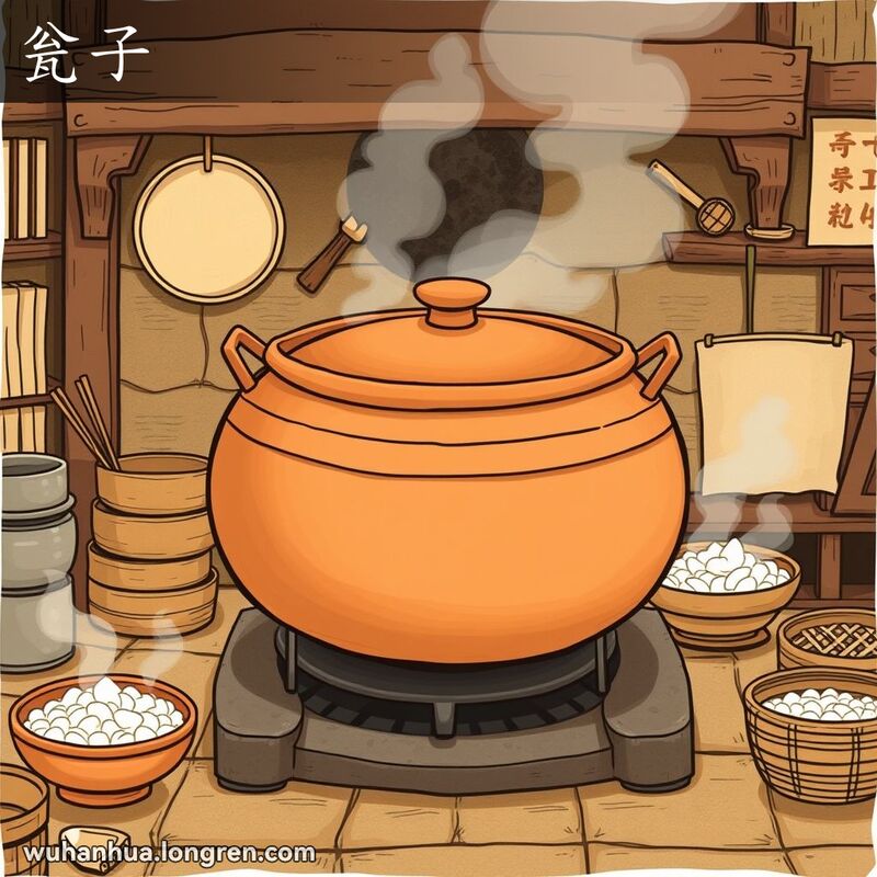 传统武汉厨房中，一个巨大的瓮子放在铁炉上冒着蒸汽，周围有竹蒸笼和筷子等厨房用具。