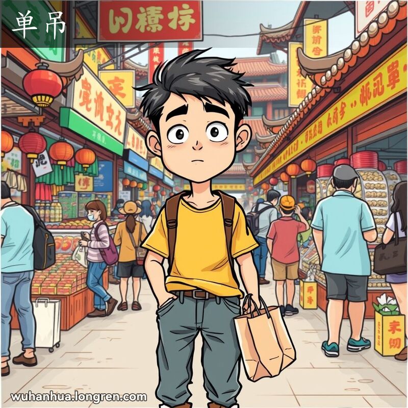 一位年轻男子独自站在武汉市场中，手持购物袋，表情孤单坚定，背景是热闹的市场景象