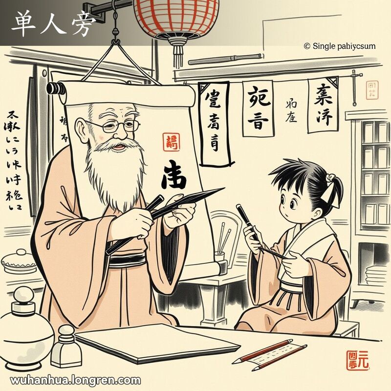 老师在书法课堂上教授学生汉字偏旁‘单人旁’，背景是传统中国书法教室