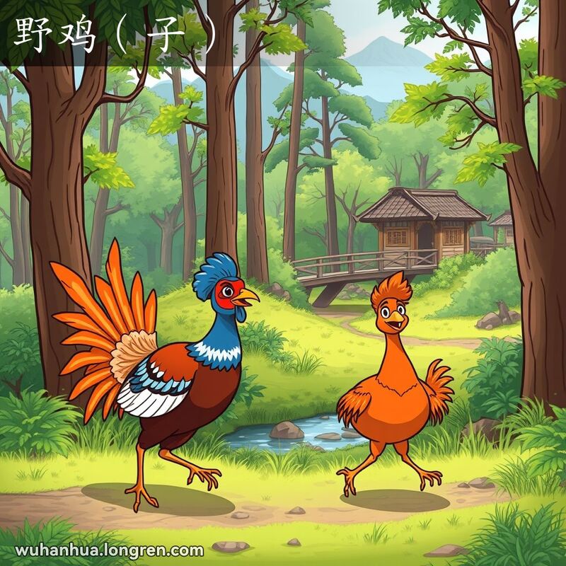 一只雄性野鸡在森林中骄傲地展示自己，旁边是一只雌性野鸡，背景是传统中国乡村景象