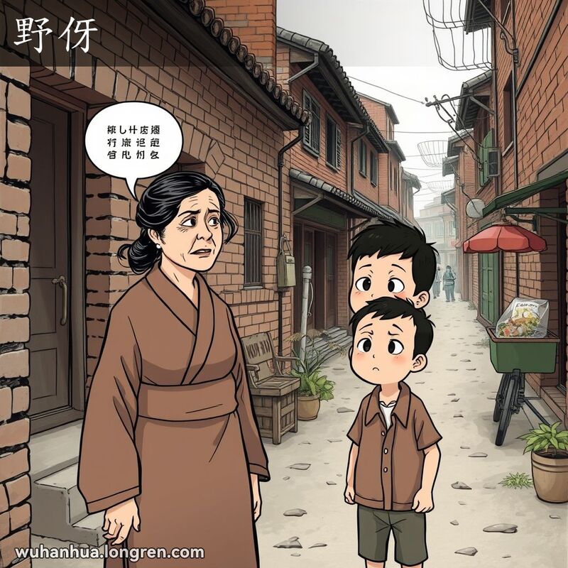 一位中年妇女站在武汉老街前，望着一个穿着破旧衣服的男孩，脸上带着“野伢”的表情，背景是武汉老街景