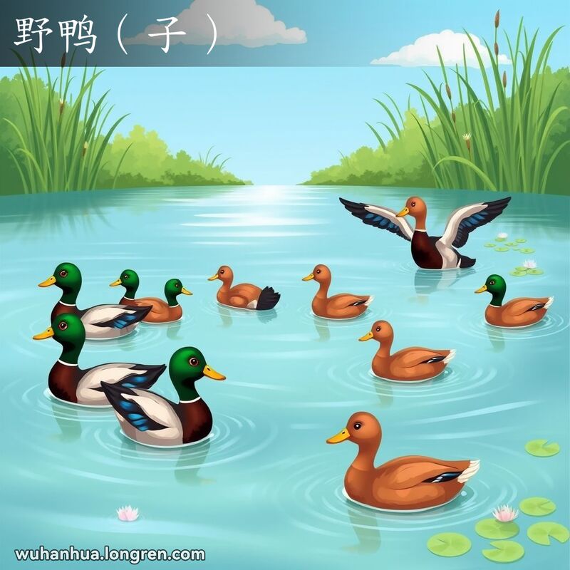 一群野鸭在湖中游泳，雄鸭头部绿色有光泽，背部黑褐色，翅膀有蓝斑，雌鸭全身褐色，背景是绿树环绕的湖泊和芦苇睡莲