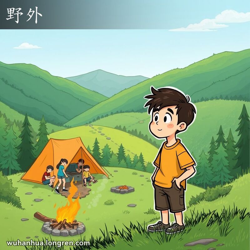 一群武汉朋友在野外露营，背景是森林和山丘，主角年轻男子望向远方，表现出冒险和兴奋的感觉