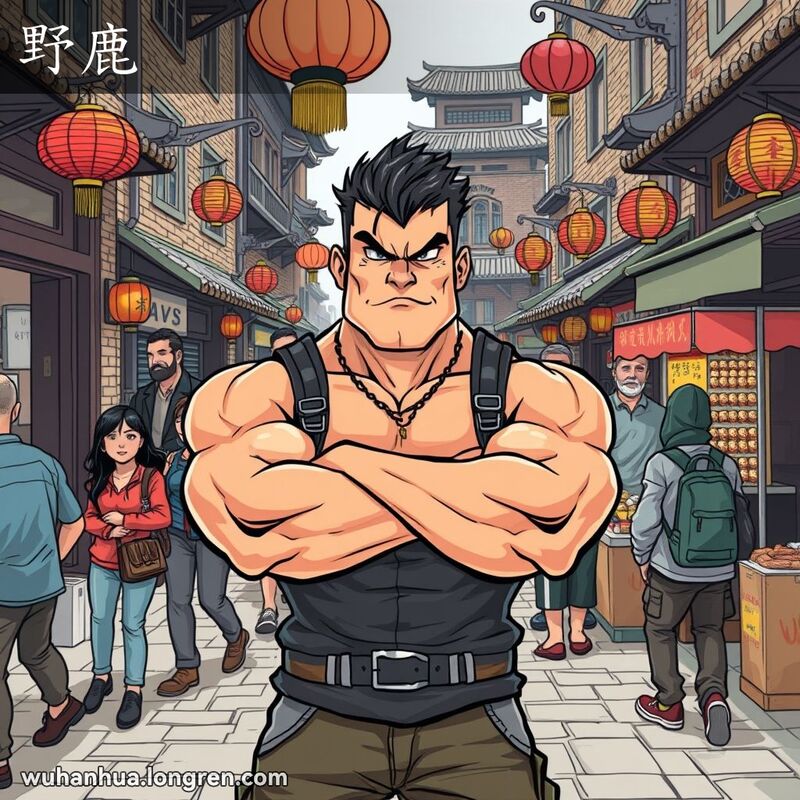 一位凶横、莽撞的男子站在武汉街头，背景是传统的武汉街景，包括老砖墙、传统灯笼和小摊贩。