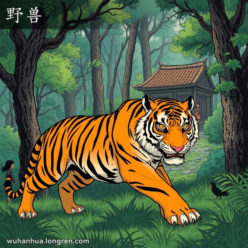 一只老虎在森林中徘徊，背景中有一座武汉小屋和一位担心的母亲