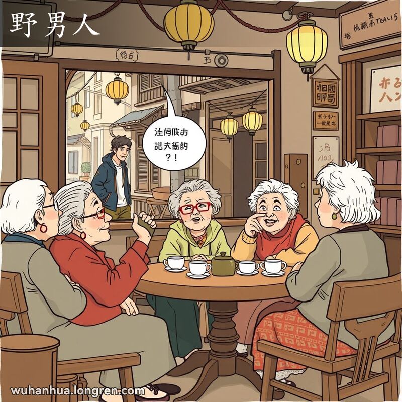 一群老太太在茶馆里喝茶聊天，其中一位指着窗外经过的男子，暗示他是‘野男人’，背景是武汉老街景