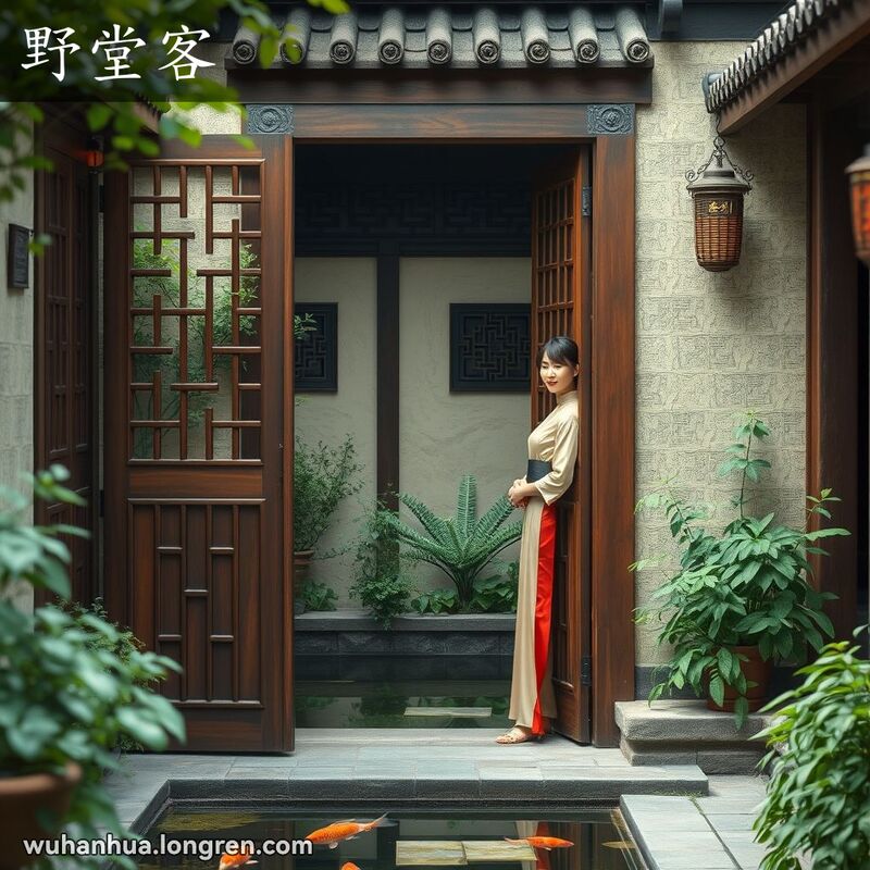 一位身着传统服饰的女子站在古色古香的庭院中，微笑着，眼神中带有一丝神秘，暗示着一种隐秘的关系。