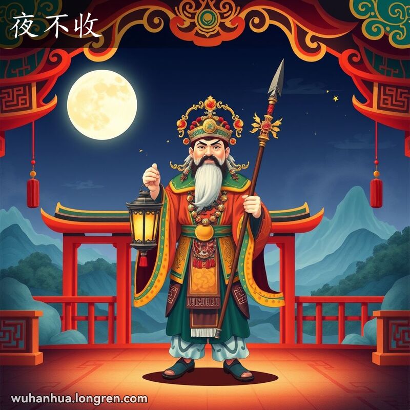 汉剧《盗宗卷》中的角色“夜不收”，穿着戏曲服装，手持灯笼和长矛，背景是月光下的宁静景象