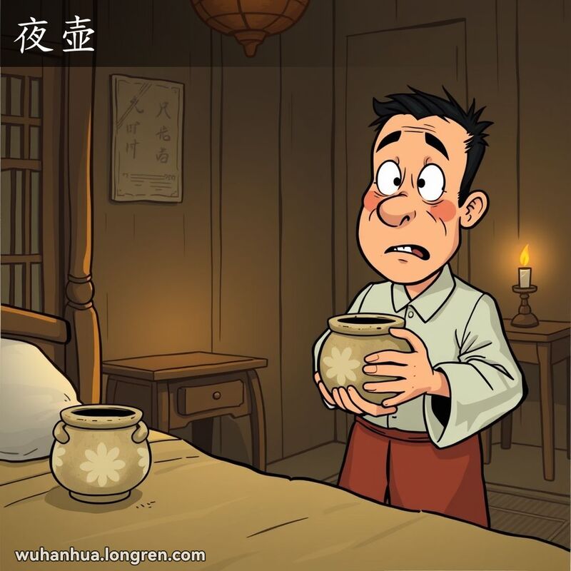 一个旧式武汉卧室，床边放着一个旧式夜壶，男子手持夜壶，脸上带着惊讶的表情，背景有木床头柜和蜡烛。