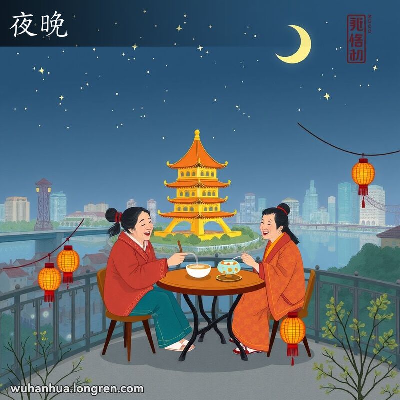 武汉夜晚，星空下一家人在阳台上享受热干面，背景是黄鹤楼和长江