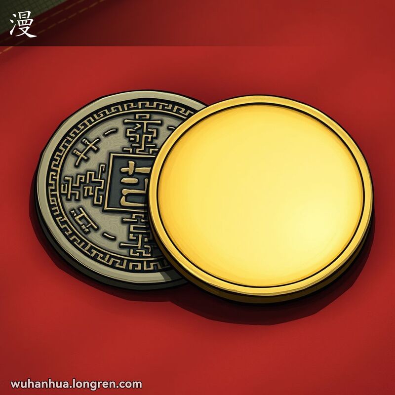 一枚古老的中国铜钱，一面有复杂图案，另一面空白，放置在红布上，背景柔和。