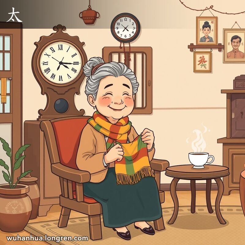 一位老奶奶坐在客厅里织毛衣，背景是温馨的家庭氛围，墙上挂着老照片和传统装饰