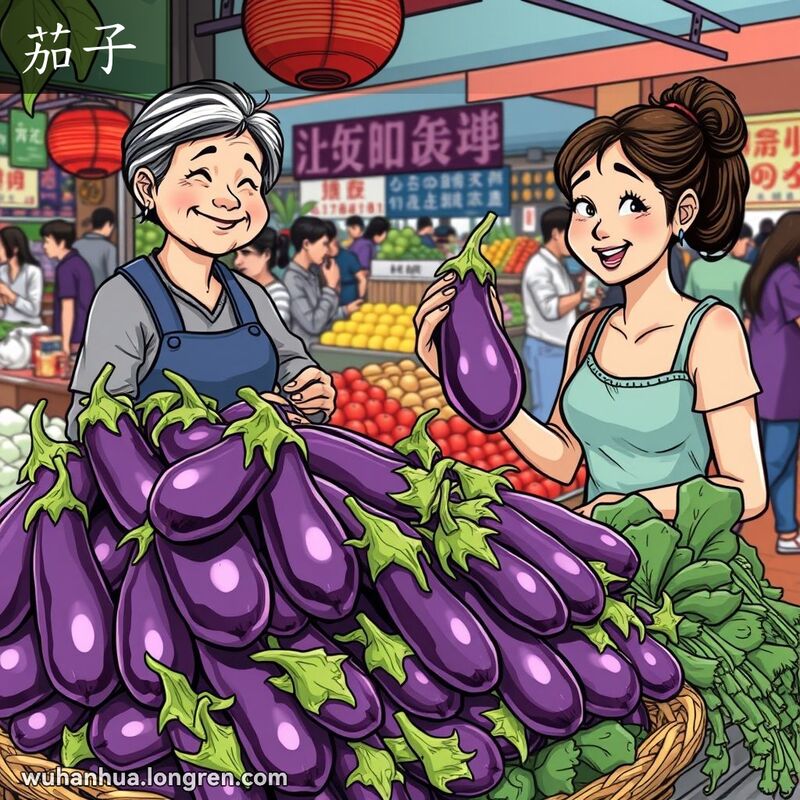 武汉露天市场中，摊位上展示着闪亮的紫色茄子，摊主微笑着展示茄子给顾客看，背景是繁忙的市场景象。