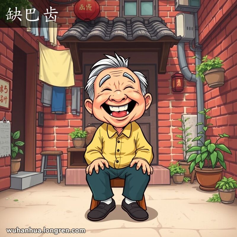 一位笑容满面的武汉老人露出缺失的门牙，坐在传统的木凳上，背景是武汉老巷子。