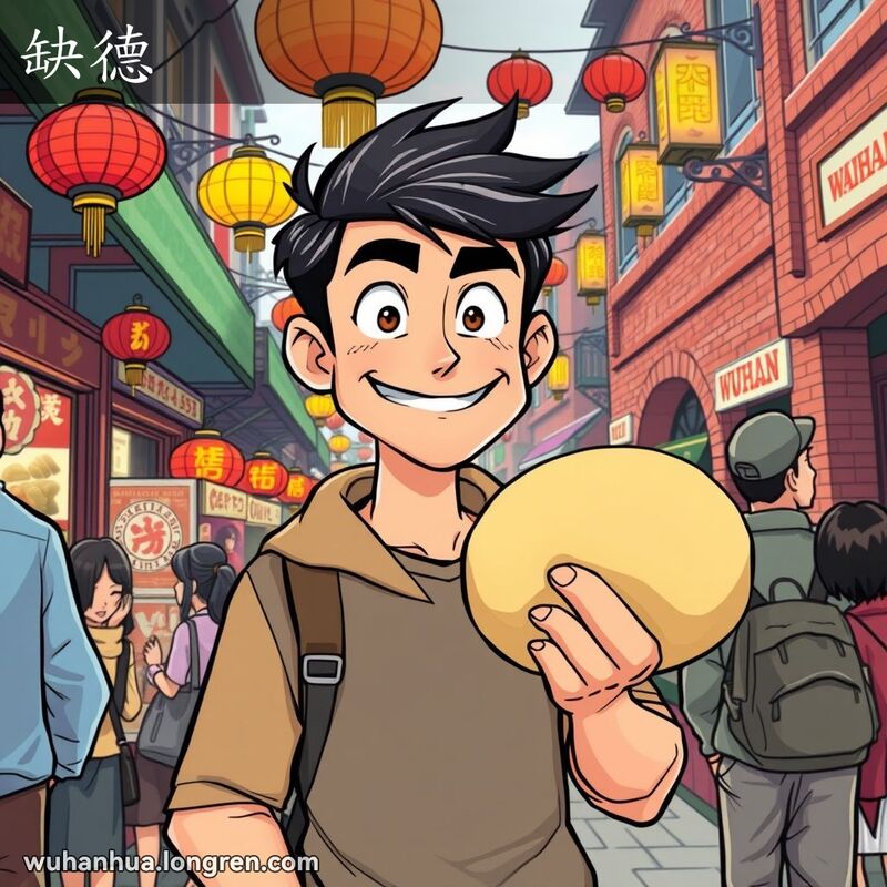 一位年轻人在武汉街头市场准备恶作剧，背景有传统小贩和彩灯