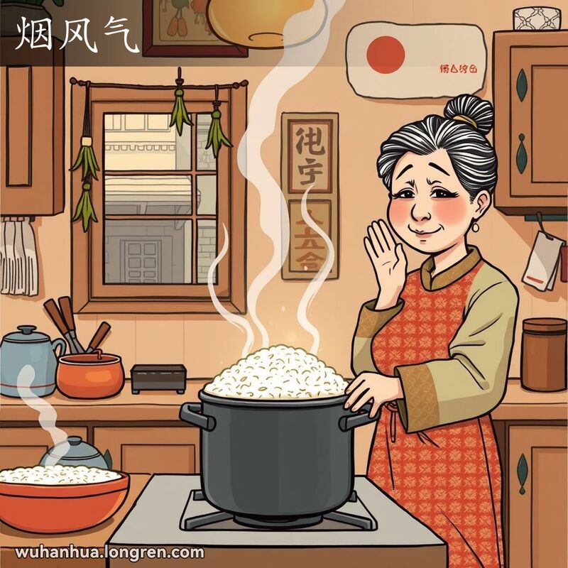 一位中年妇女在传统厨房中烹饪米饭，厨房内弥漫着浓烈的烟熏气味，妇女微微皱眉，用手在鼻子前扇动。