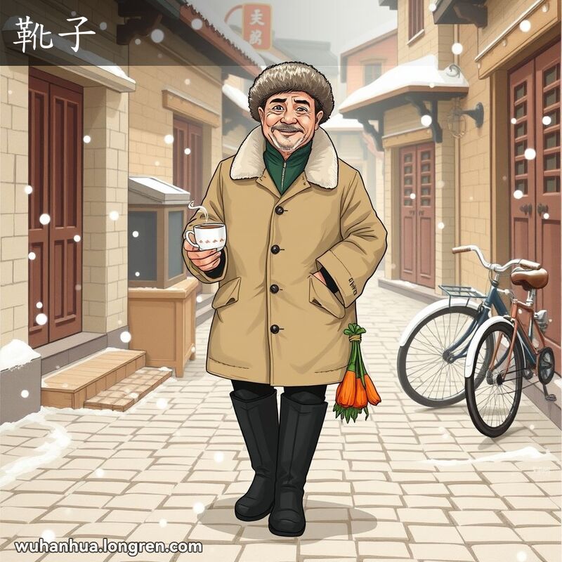 一位中年男子在武汉老街上穿着高过脚踝的黑色棉靴子，背景是传统的老街景象。