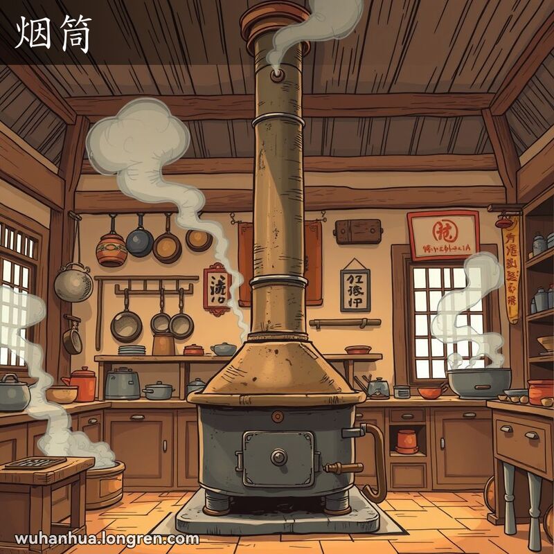 传统武汉厨房内，老式炉灶上连接着高高的烟囱管道，烟囱顶端冒出袅袅炊烟，背景是温馨的家庭氛围。