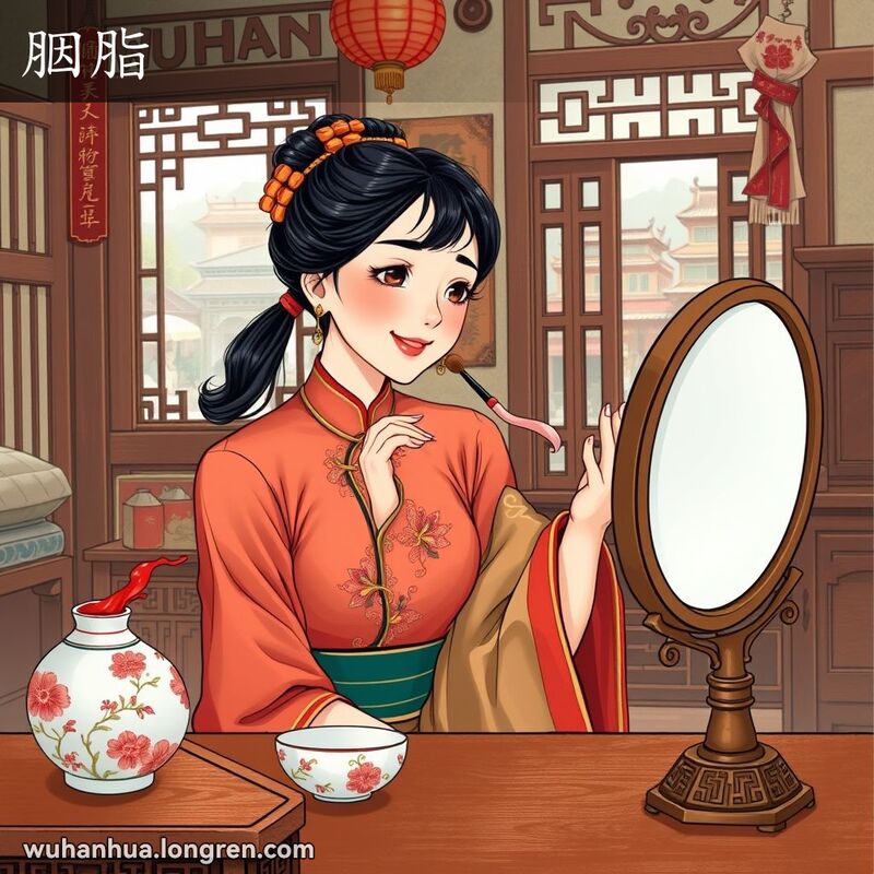 一位穿着传统中式服装的武汉女子坐在梳妆台前，用小刷子在脸颊上涂抹红色胭脂，背景是老式房间和武汉街景